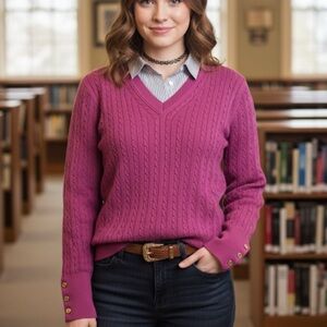 Clover by Bobby Jones Silk Cotton Blend Cable Knit V-Neck Sweater Purple M Y2K